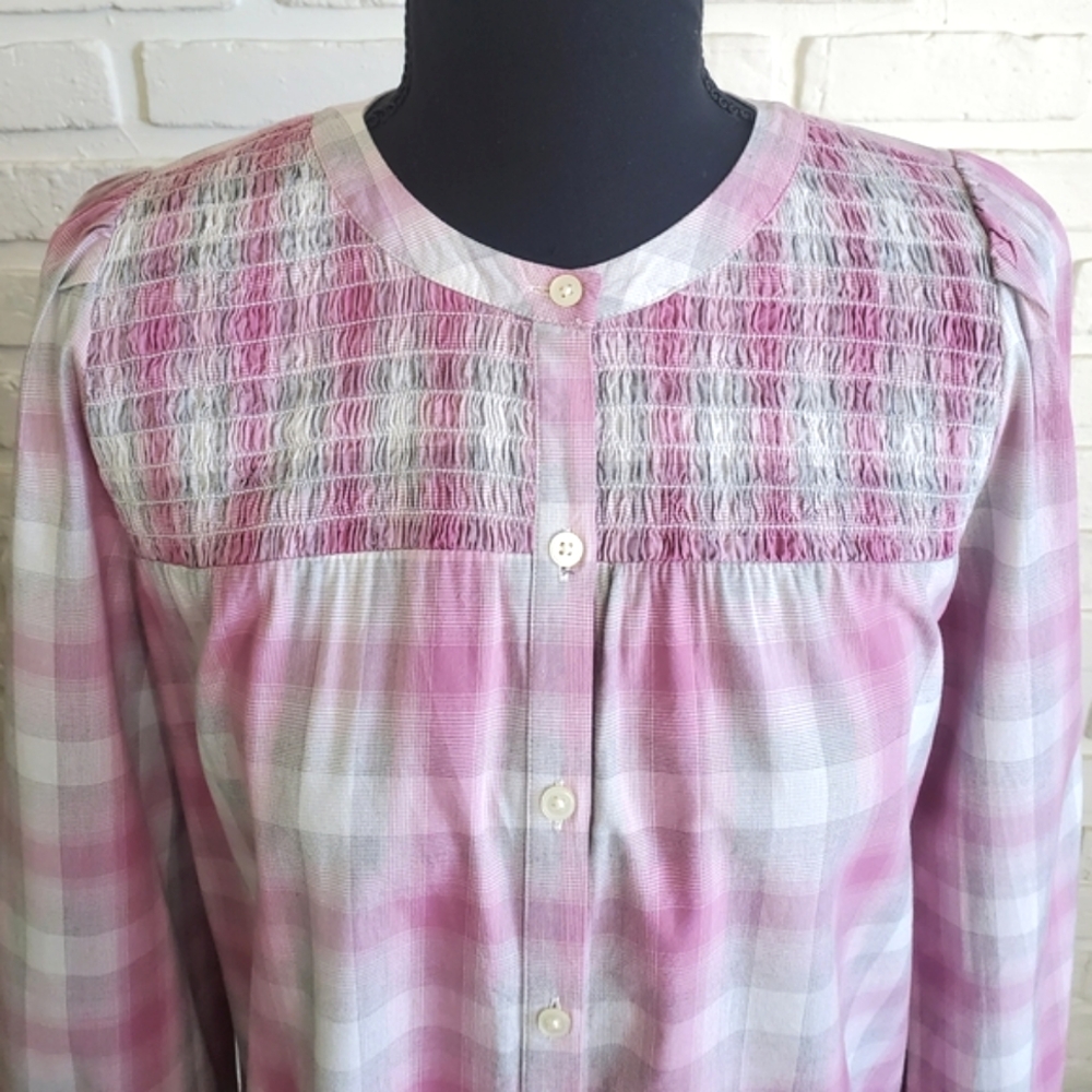 NWT LOFT Pink Plaid Smocked Yoke Button Front Blouse - Size XS - Picture 2 of 14